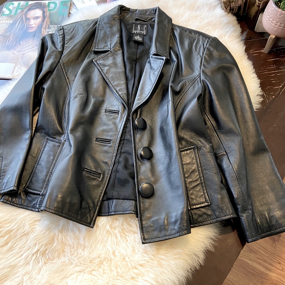 INC Black Genuine Leather Jacket - S Petite